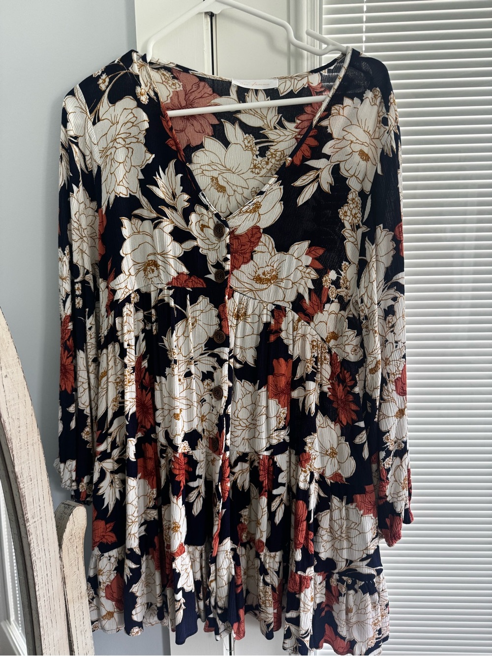 Navy Floral V-Neck Tiered Women's Tunic Dress